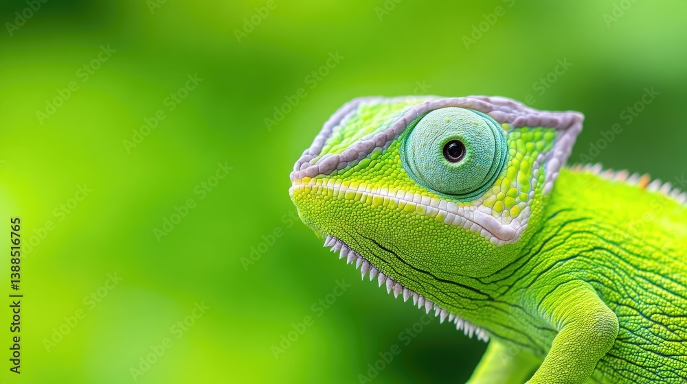Fototapeta premium A vibrant green chameleon is shown in close-up. Its eye is prominent, detailed, and focused. The background is a blurred green, highlighting the chameleon. The image is high-quality, with sharp focu