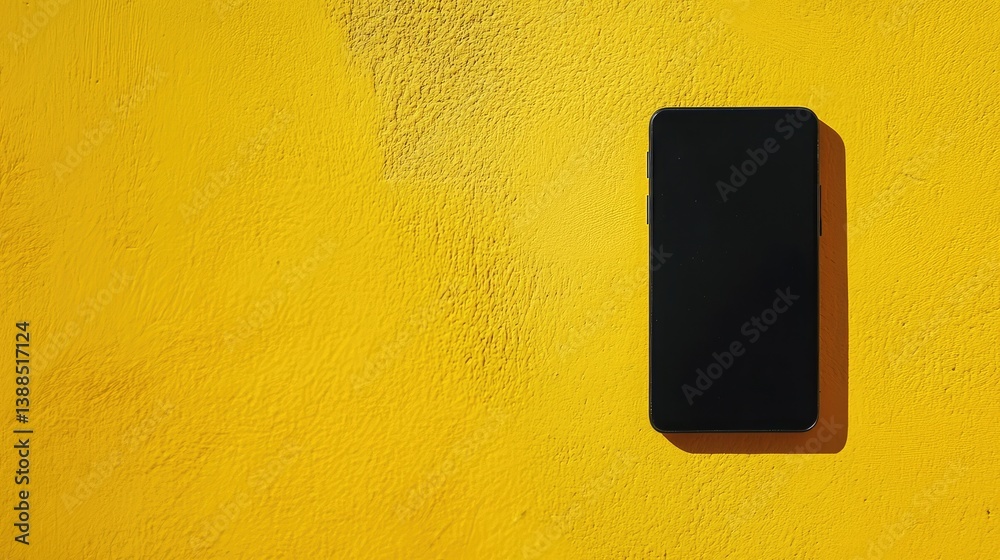 Top view of modern phone with black blank screen on yellow surface, creative flat lay with vibrant copy space