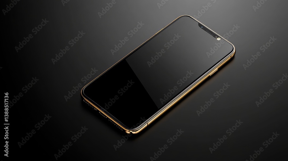 Top view of smartphone on black background with gold accents and shadows, luxurious high-end style for design mockup