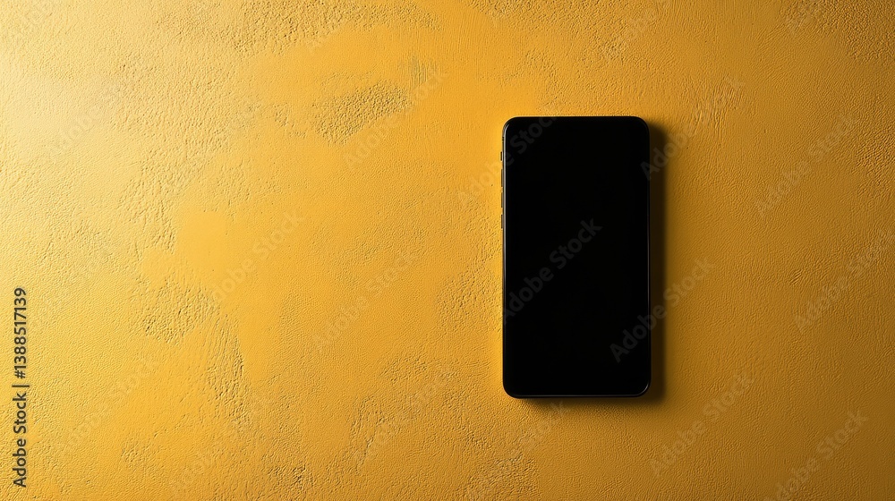 Top view of modern phone with black blank screen on yellow surface, creative flat lay with vibrant copy space