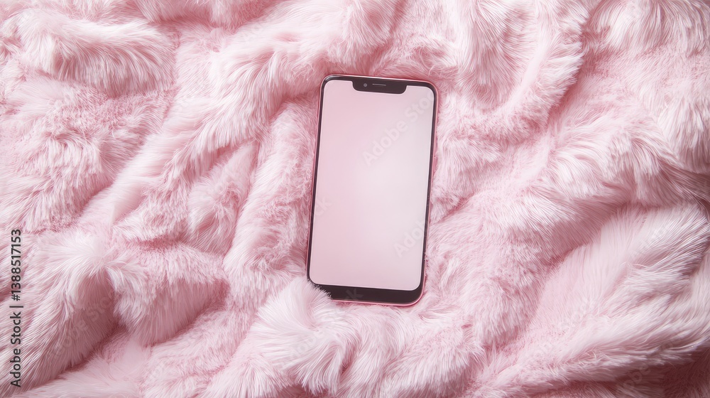 Top view of smartphone on soft pink fluffy fabric with blank screen, beauty or fashion themed copy space for app or social media mockup