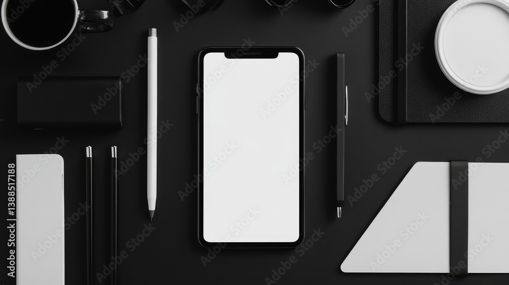 Top view of smartphone with white screen on minimalist workspace with black and white office accessories, clean tech background