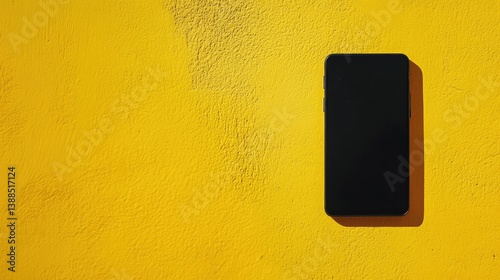 Obraz na płótnie Top view of modern phone with black blank screen on yellow surface, creative flat lay with vibrant copy space w salonie