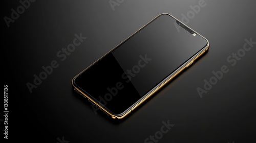 Obraz na płótnie Top view of smartphone on black background with gold accents and shadows, luxurious high-end style for design mockup w salonie