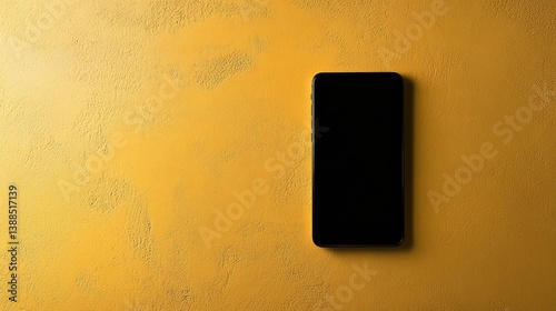 Obraz na płótnie Top view of modern phone with black blank screen on yellow surface, creative flat lay with vibrant copy space w salonie