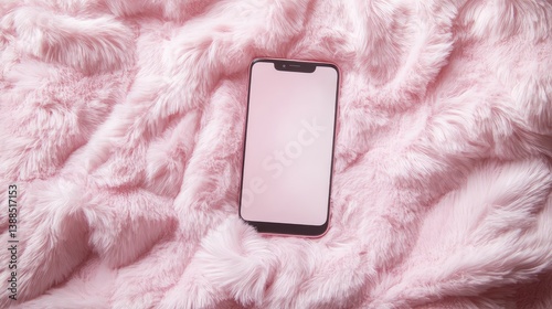 Obraz na płótnie Top view of smartphone on soft pink fluffy fabric with blank screen, beauty or fashion themed copy space for app or social media mockup w salonie