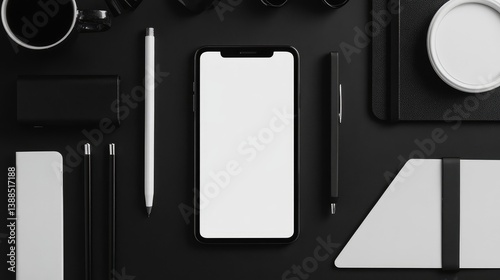 Obraz na płótnie Top view of smartphone with white screen on minimalist workspace with black and white office accessories, clean tech background w salonie