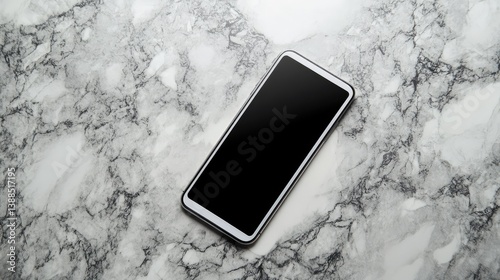 Obraz na płótnie Top view of touchscreen phone lying flat on marble surface, minimalistic background with elegant copy space w salonie