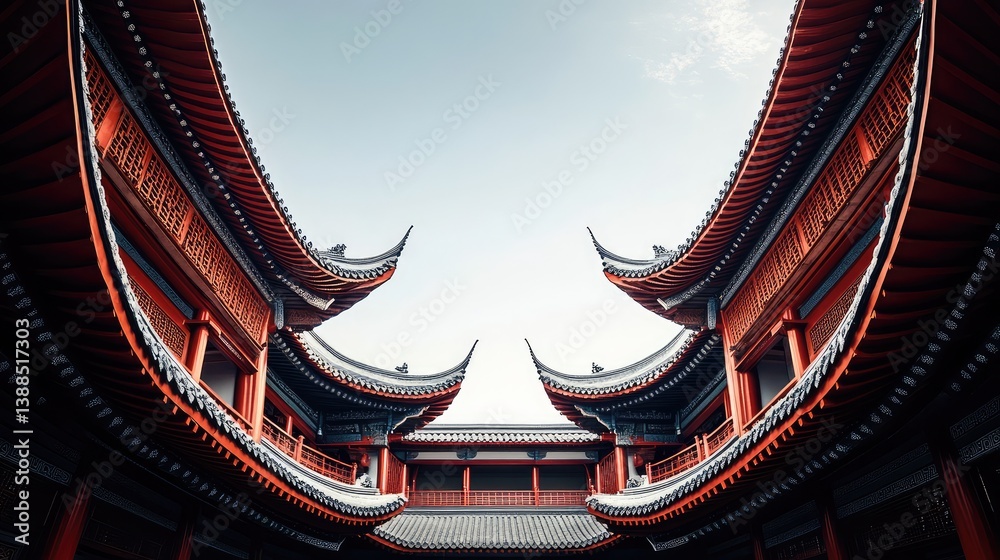Traditional Asian temple with curved rooftops under clear sky, spacious courtyard and architectural symmetry with copy space
