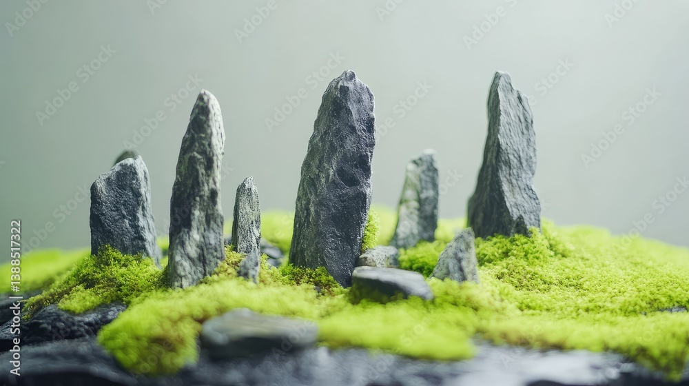 Traditional Japanese Zen garden with rock and moss composition, designed for meditation and harmony with room for text