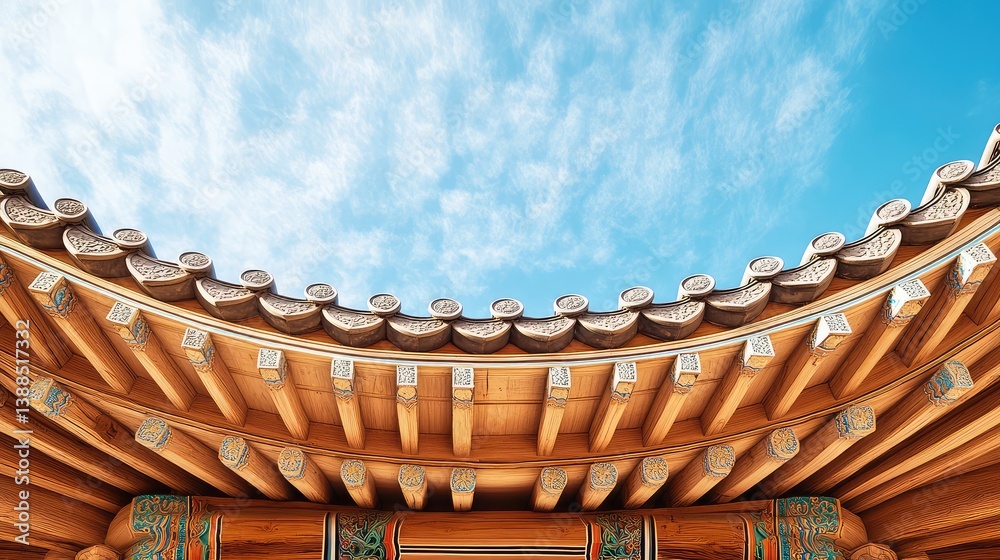 Traditional Korean temple roof with curved lines and wood texture, subtle tones and sky background