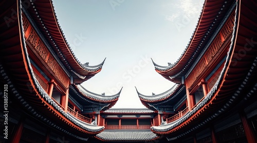 Obraz na płótnie Traditional Asian temple with curved rooftops under clear sky, spacious courtyard and architectural symmetry with copy space w salonie