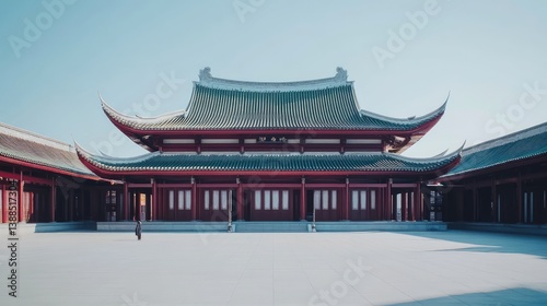 Obraz na płótnie Traditional Asian temple with curved rooftops under clear sky, spacious courtyard and architectural symmetry with copy space w salonie