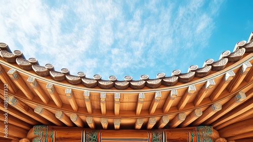 Obraz na płótnie Traditional Korean temple roof with curved lines and wood texture, subtle tones and sky background w salonie