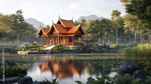 Traditional Thai temple with ornate gables and serene surroundings, wide landscape and calm space