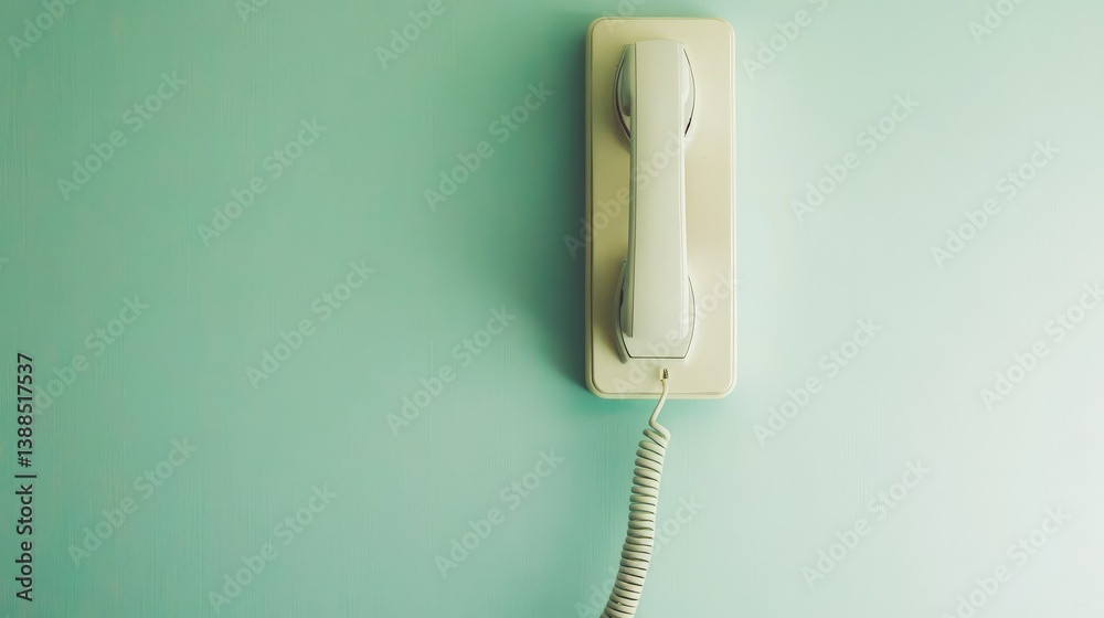 Wall-mounted telephone with coiled cord in minimal interior, simple communication tool layout with clean copy space