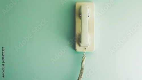Obraz na płótnie Wall-mounted telephone with coiled cord in minimal interior, simple communication tool layout with clean copy space w salonie