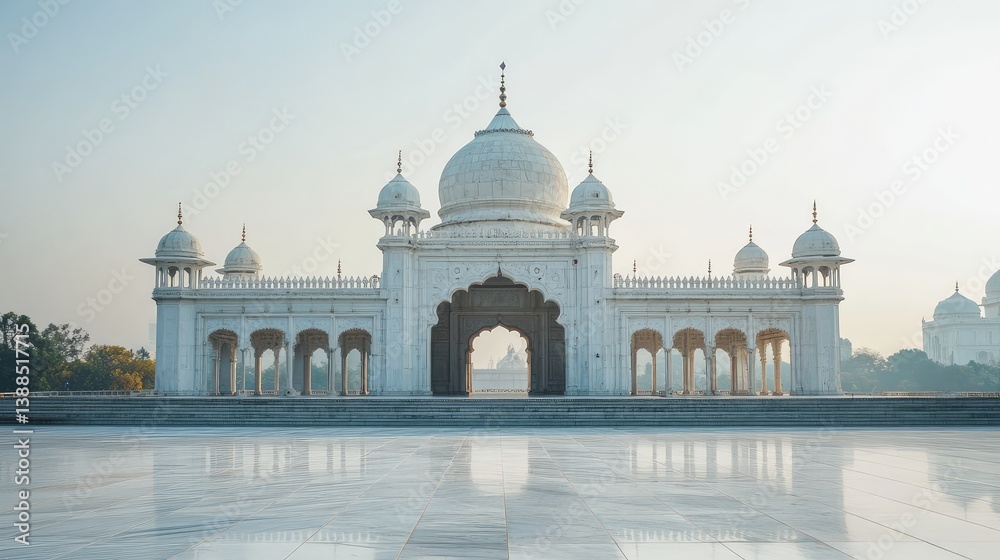 White marble temple with domes and carvings, peaceful composition against a clear backdrop with open space