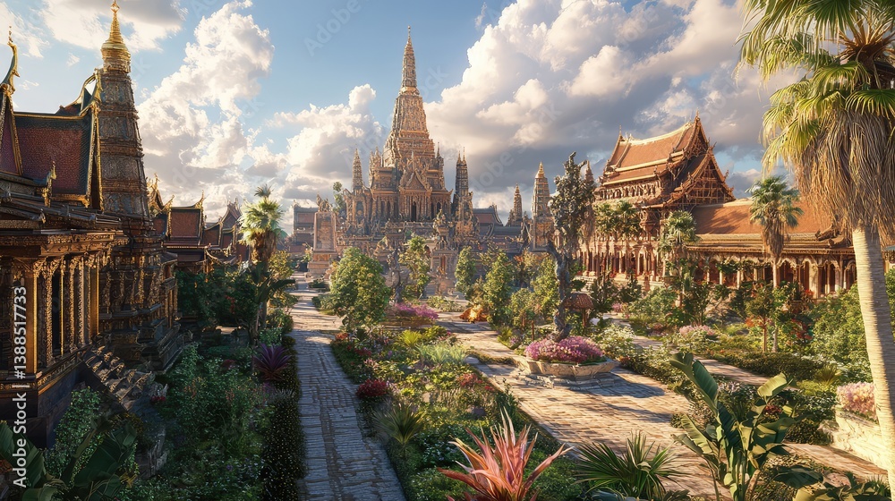 Wide-angle shot of grand temple complex with gardens and courtyards, tranquil layout and open visual space