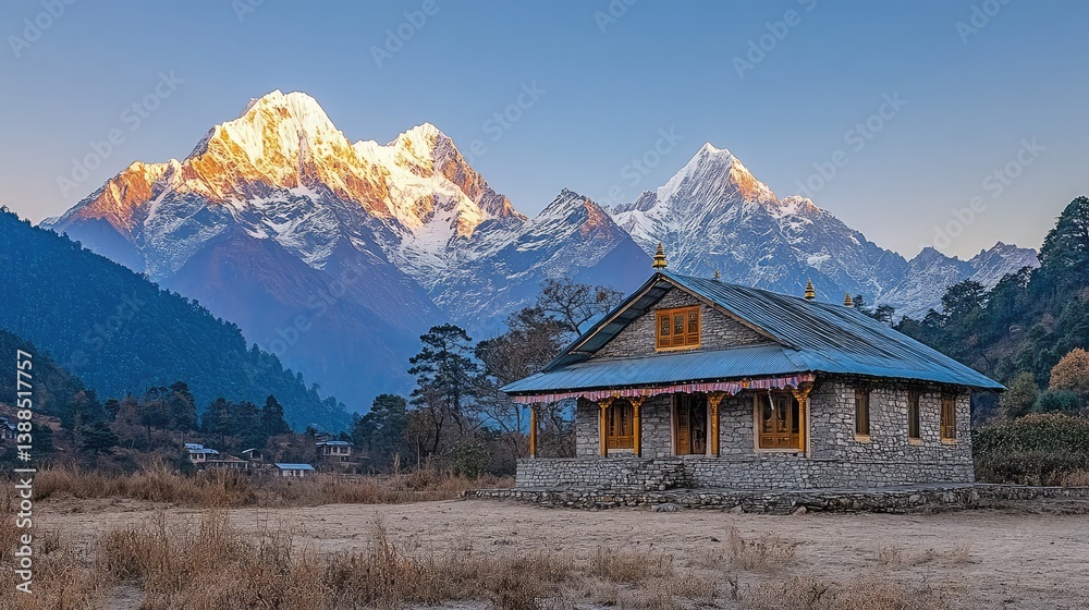 Wide horizontal shot of Himalayan temple with snow-capped peaks in distance, serene perspective and open space