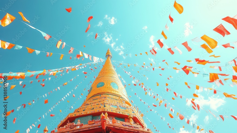 Wide view of a stupa with prayer flags fluttering in the breeze, set against a bright blue sky with open space for content