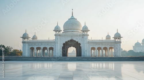 Obraz na płótnie White marble temple with domes and carvings, peaceful composition against a clear backdrop with open space w salonie