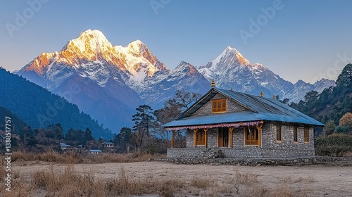 Obraz na płótnie Wide horizontal shot of Himalayan temple with snow-capped peaks in distance, serene perspective and open space w salonie