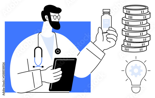 Doctor holding clipboard and medication bottle, stack of coins, lightbulb gear. Ideal for healthcare, innovation, finance, medicine, technology cost analysis digital strategy. Flat simple metaphor