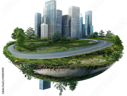 3D Illustration Of Floating Island City With Green Environment and Road