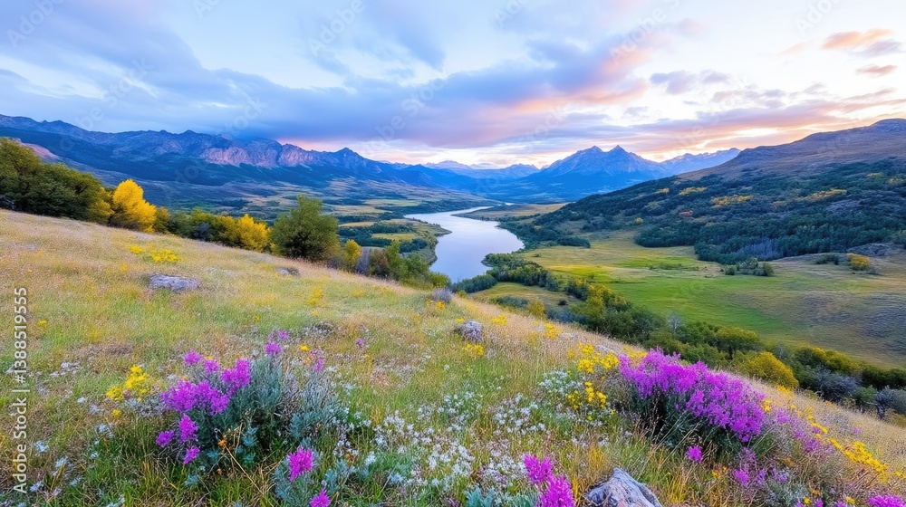 Fototapeta premium Scenic mountain valley landscape with a winding river, green hills, and purple wildflowers in the foreground under a sunset sky.