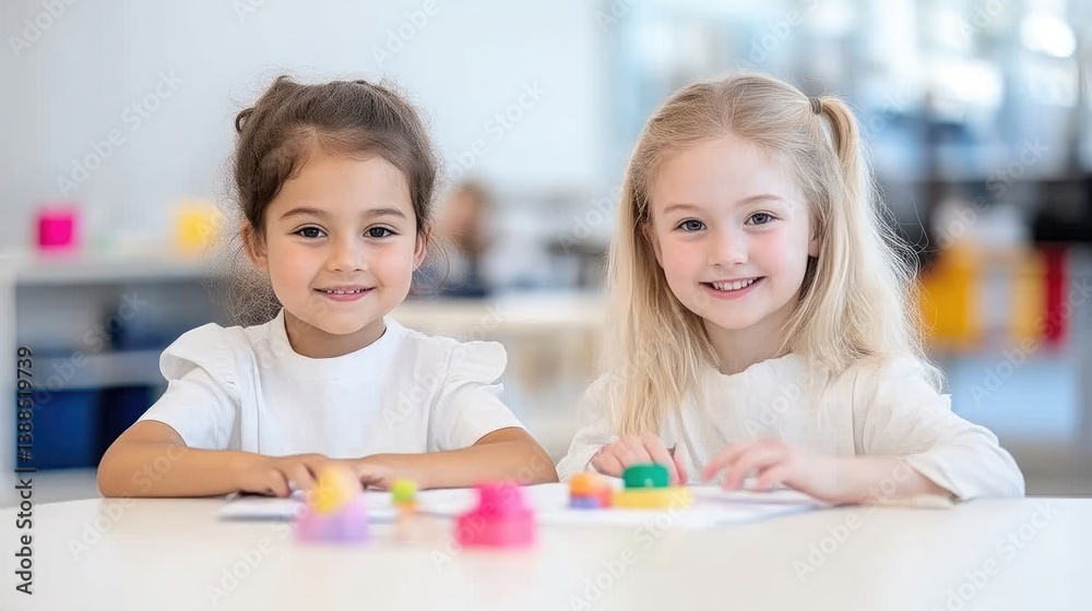 Fototapeta premium Two young girls sit at a table, smiling at the camera. They wear white shirts and are engaged in a playful activity. Brightly colored play items are on the table. The image is well-lit, high-quality,