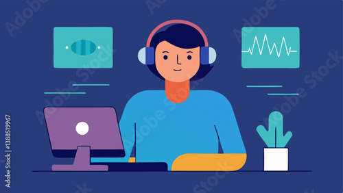 Designer with Headphones A VUI designer wearing headphones sitting at a desk with a computer screen displaying waveforms and audio interface designs.