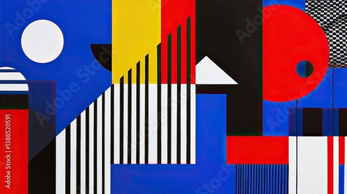 Dynamic abstract shapes modern art gallery graphic design indoor high angle visual impact
