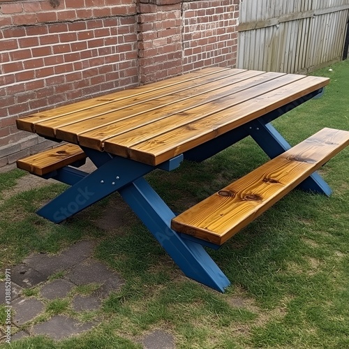 Rustic Wooden Picnic Table with Blue Legs Outdoor Garden Furniture