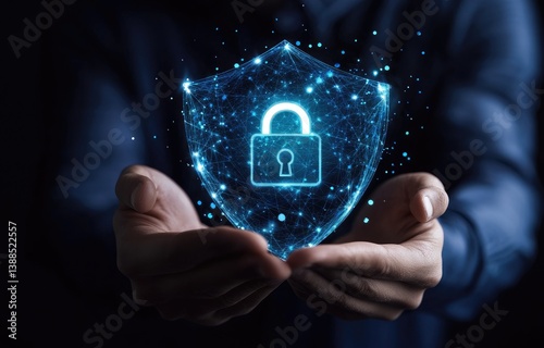 Hands holding a digital shield with a lock graphic, symbolizing security and protection