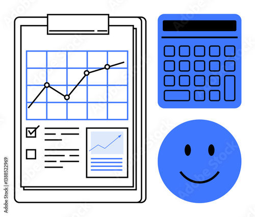 Clipboard with line graph, checklist, and growth chart, blue calculator, and smiling face icon. Ideal for business planning, finance, data analysis, goal achievement productivity success flat