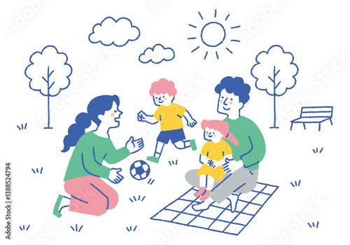 A family of four enjoying a picnic in the park_Color