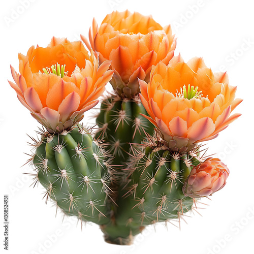 Blooming Golden Torch Cactus with Orange Flowers Isolated on Transparent Background