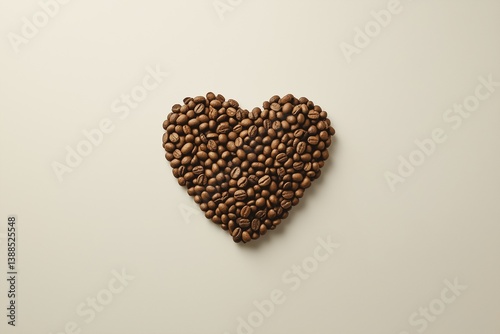 Heart shape formed by coffee beans on a light background creating a simple and clean aesthetic  