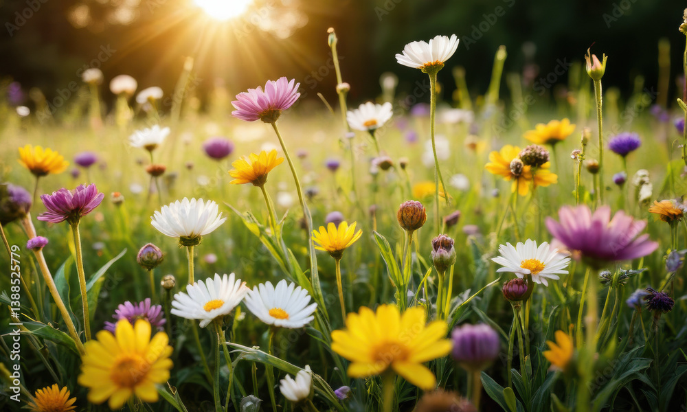 Obraz premium vibrant field of wildflowers blooms under warm sunlight, creating cheerful and serene atmosphere
