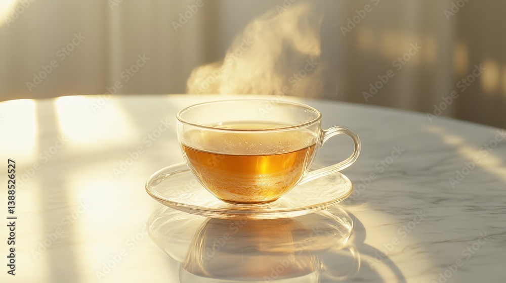 Obraz premium transparent glass teacup with steaming amber liquid, delicate glass saucer, soft morning sunbeams, white marble table surface, diffused natural lighting, minimal composition, atmospheric haze, golden