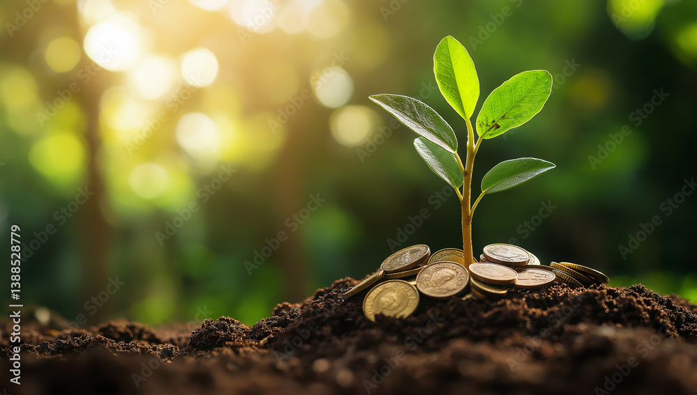 A small plant growing from a pile of coins on the ground with a blurred green background behind it A small plant growing from a pile of coins on the ground with a blurred green background behind it