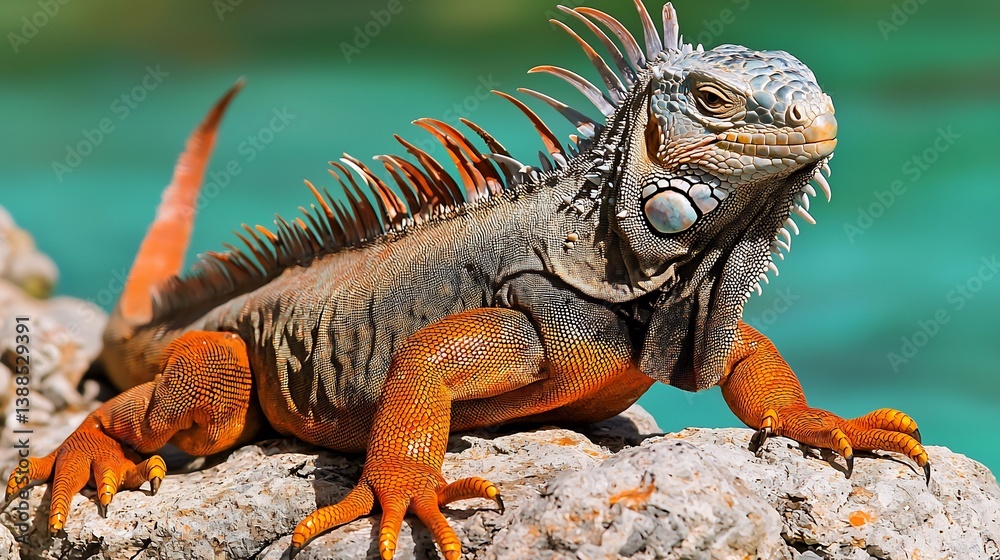 Naklejka premium Rhinoceros iguana basking Caribbean rocks prehistoric reptile turquoise water contrast