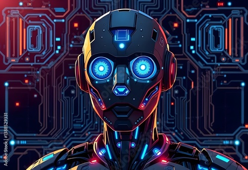 illustration of a futuristic AI robot with glowing blue circuits and a digital interface background, in a modern sci-fi style