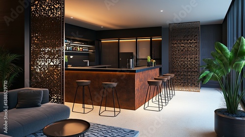 Modern Home Bar Design with Rust-Colored Countertop and Metal Room Dividers