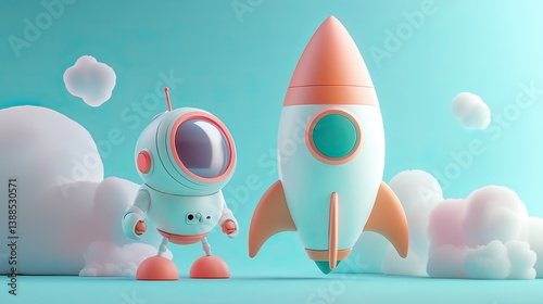 Colorful 3d animation astro character and rocket launch in a creative studio atmosphere