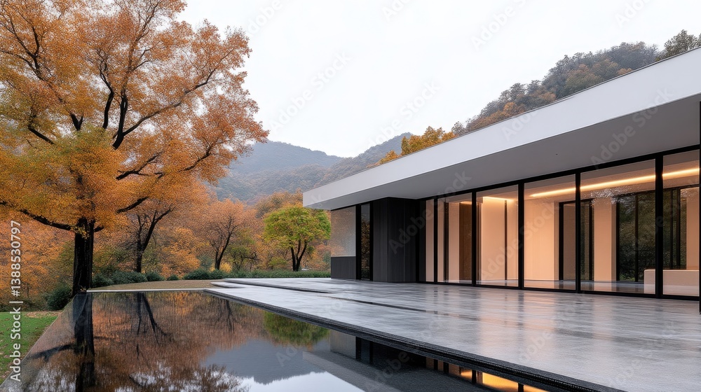 Obraz premium Modern house with pool in autumn scenery