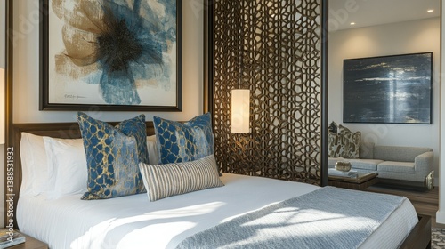 Luxurious Hotel Room Interior Design: Modern Bedroom with Artistic Accents and Room Divider