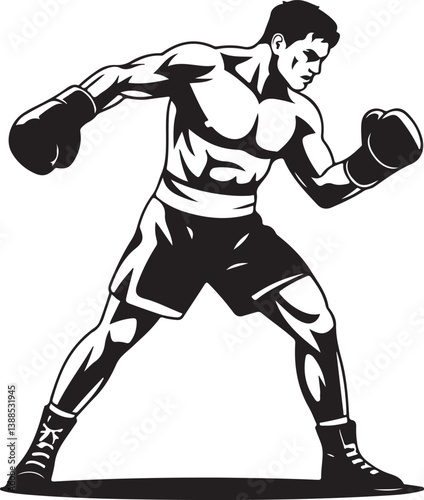 Boxer in Action - Black and White Silhouette Illustration