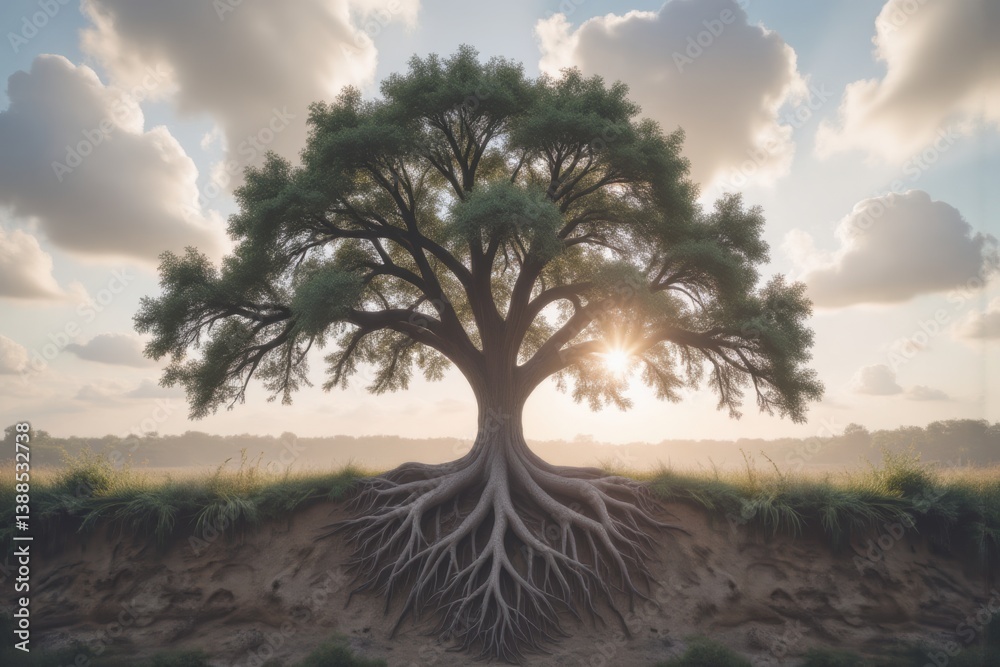 Obraz premium Majestic Oak Tree with Exposed Roots at Sunset: Symbol of Growth, Resilience, and Nature's Beauty